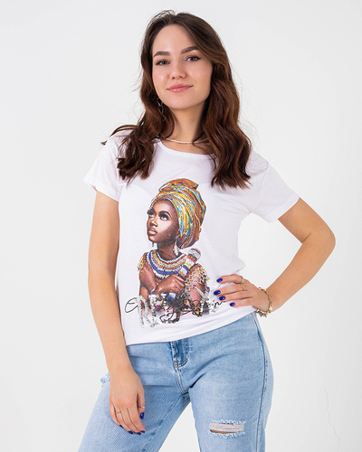 T-shirt femme blanc imprimé coloré et sequins - Vêtements