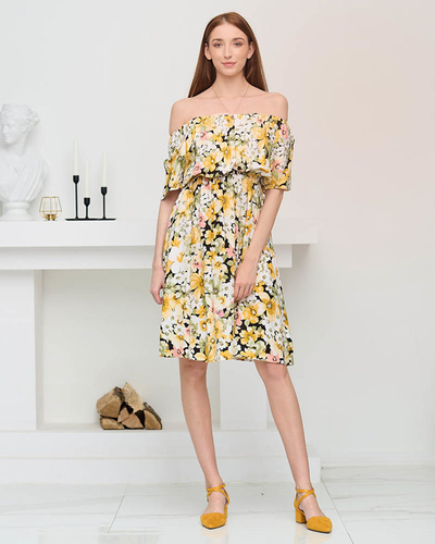 Robe jaune jusqu'aux genoux avec motif fleuri multicolore - Vêtement