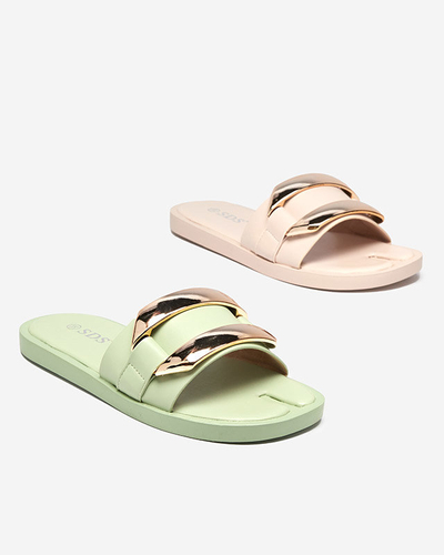Pantoufles vertes pour femmes avec un grand ornement doré Kedino - Footwear