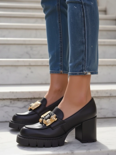 Sandales pour Femmes Athènes à Talons Blocs en Cuir Écologique de Couleur Noire