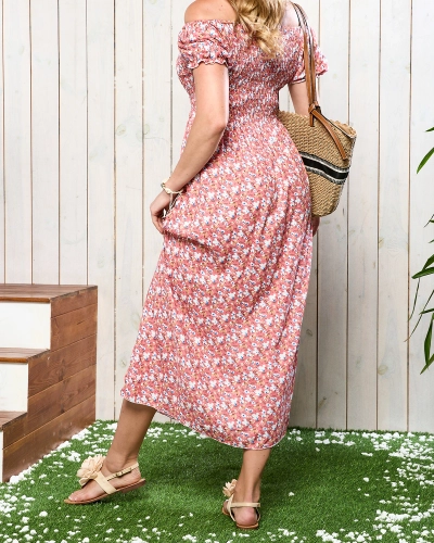 Robe midi corail pour femme avec motif floral - Vêtements