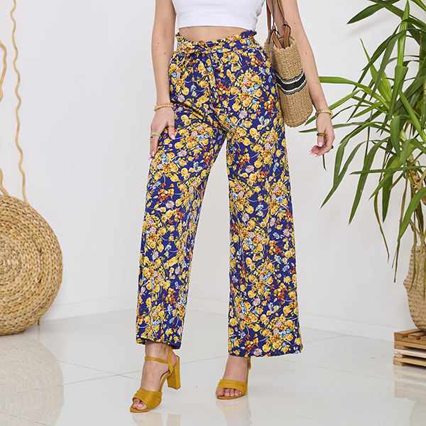 Pantalon palazzo bleu à fleurs bleu marine pour femme - Vêtements
