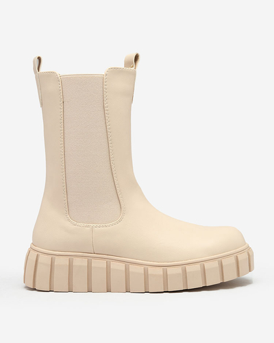 Royalfashion Bottes hautes à talon plat pour femmes en écru Elicane