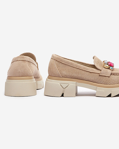 Mocassins pour femmes ajourés marron clair avec ornement Bokkso- Footwear