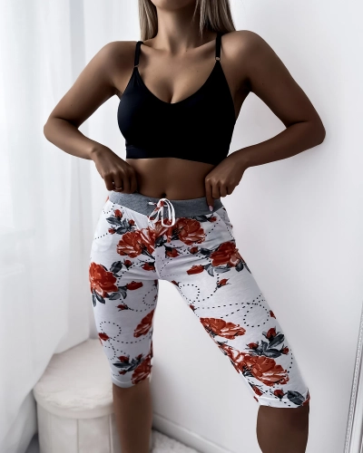 Short femme blanc 3/4 avec fleurs rouges GRANDE TAILLE - Vêtement