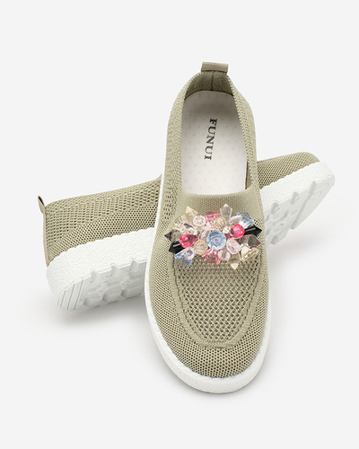 Royalfashion Mocassins en tissu kaki pour femme avec cristaux Fezens