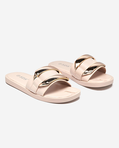 Pantoufles beiges pour femmes avec un grand ornement doré Kedino - Footwear