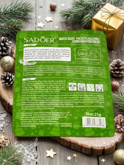 Masque facial de Noël en tissu à l'avocat - hydratant