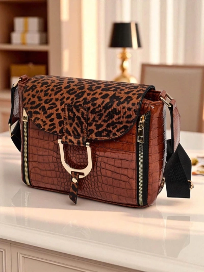 Sac Ariadne Camel Croco avec Rabat Panthère – Élégant Sac Bandoulière