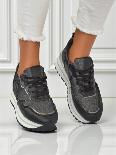 Sneakers pour femmes Callista Nero à plateforme de 4 cm, cuir écologique