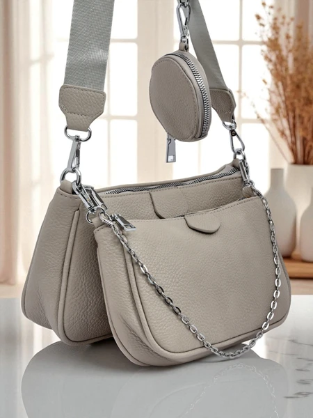 Sac à main pour femmes Arete MultiSet cuir écologique gris colombe, élégance 3en1