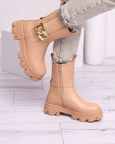 Bottes hautes pour femmes avec une chaîne dorée de couleur camel Setika - Footwear
