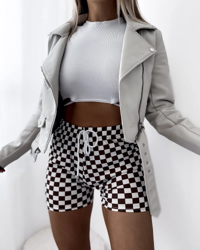 Short femme en tissu écossais marron et blanc PLUS SIZE- Clothing