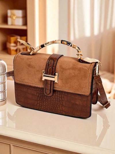 Sac pour femme Sofia marron en daim et cuir écologique crocodile avec bandoulière