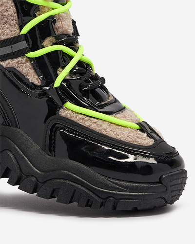 Chaussures de sport noires pour femmes avec fourrure et lacets jaune fluo Adbo- Footwear