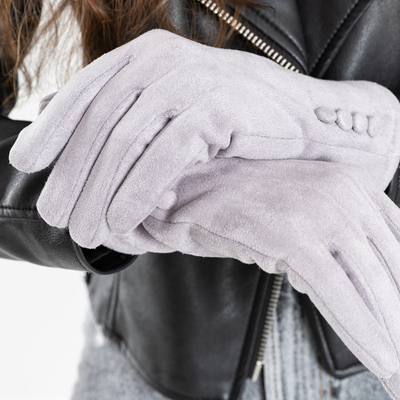 Gants pour femmes en éco-suède gris avec boutons - Accessoires