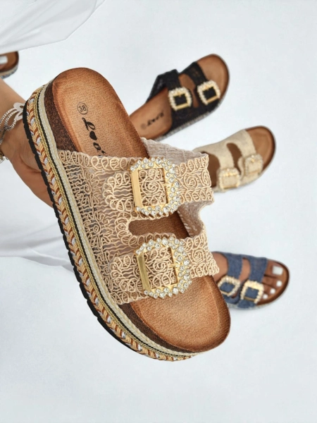 Royalfashion Sandales pour femmes avec boucles strassées GlamCork