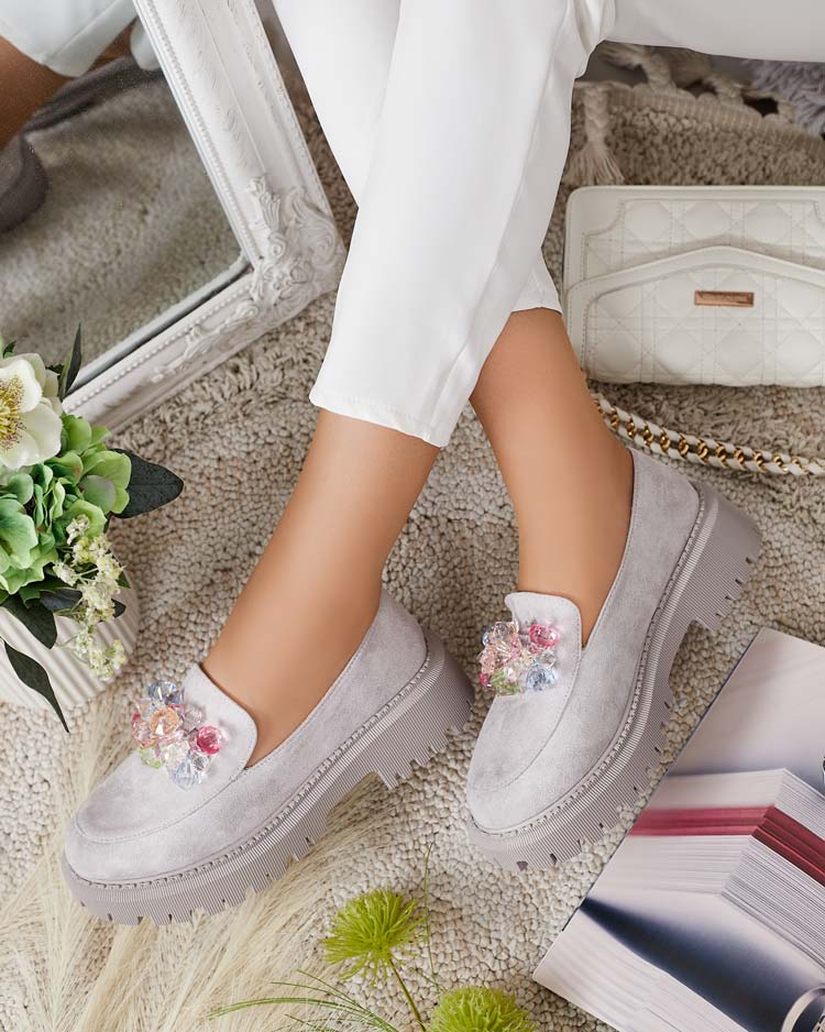 Mocassins gris clair pour femmes avec perles colorées Hetika - Footwear