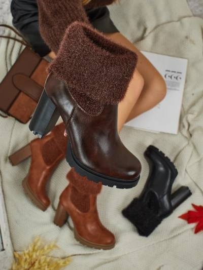 Bottines femme en cuir écologique à talons épais avec tricot Tirave