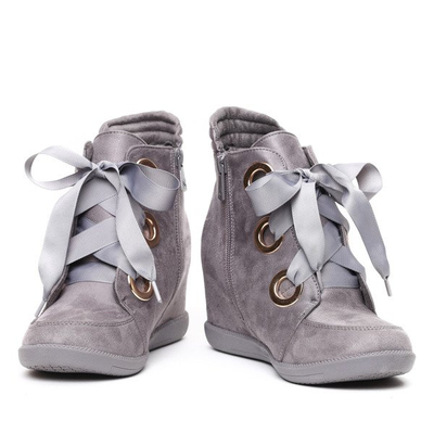 Szare sneakersy na krytym koturnie wiązane wstążką Andi- Obuwie