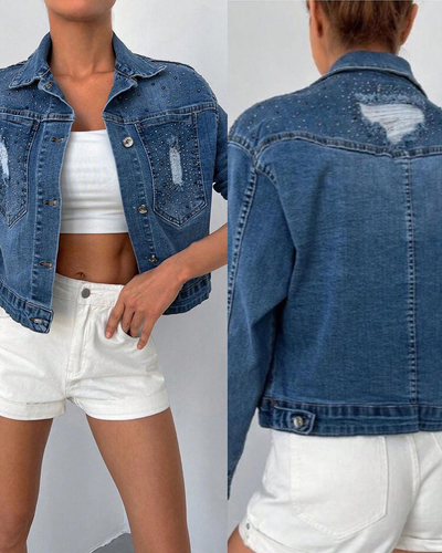 Royalfashion Veste en jean pour femme avec zircons
