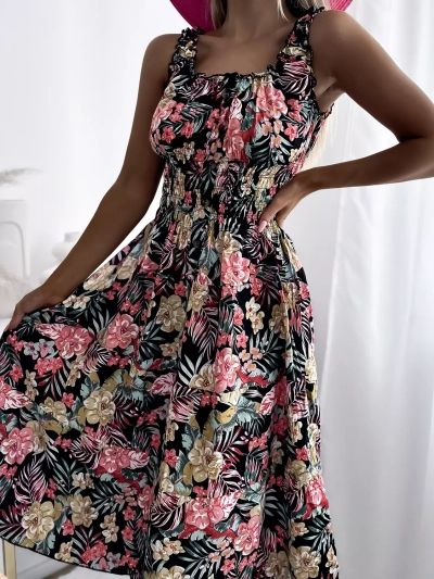 Robe d'été au genou pour femme, noire, à motif floral - Vêtements