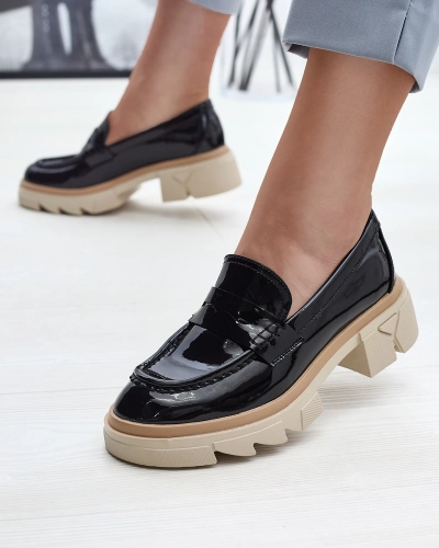 Mocassins en cuir verni écologique pour femme noir Sepop- Footwear