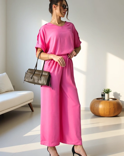 Ensemble décontracté Royalfashion pour femmes avec un blouse à manches courtes et un pantalon large