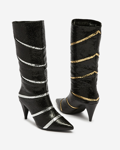 Bottes noires et argentées à talons aiguilles pour femmes avec bandes en relief Felifea- Footwear