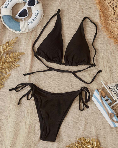 Maillot de bain 2 pièces côtelé noir pour femme - Sous-vêtement