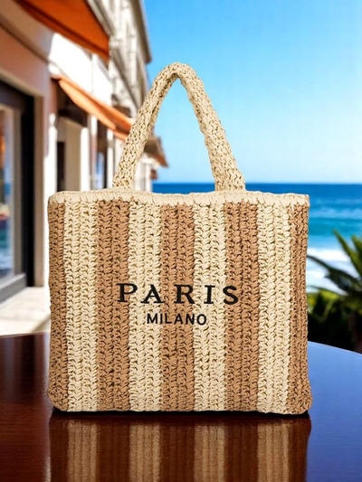 Royalfashion Grand sac à main en paille pour femme Paille Rayure