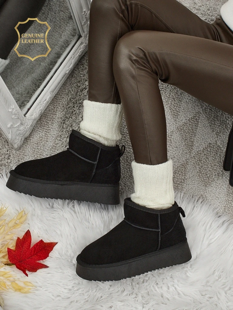 Bottes courtes style bottes de neige pour femmes en cuir naturel Elunara