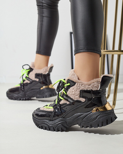 Chaussures de sport noires pour femmes avec fourrure et lacets jaune fluo Adbo- Footwear