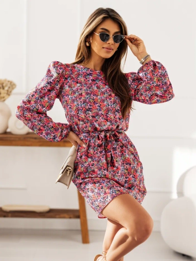 Robe mini florale Royalfashion pour femmes avec manches bouffantes et ceinture