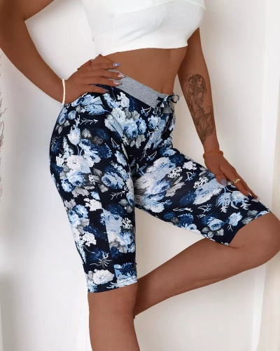 Short 3/4 femme bleu à motif fleuri - Vêtements