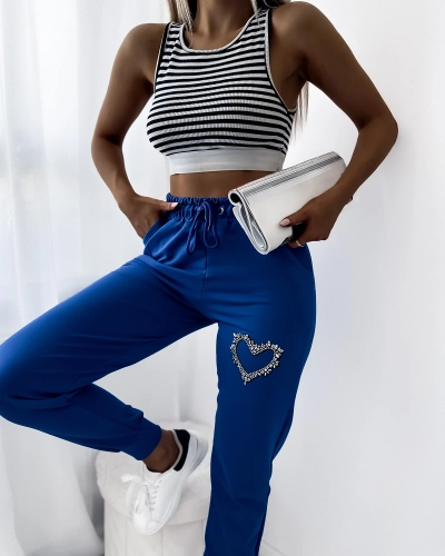 Pantalon de survêtement bleu pour femme avec ornements en zircon- Vêtements