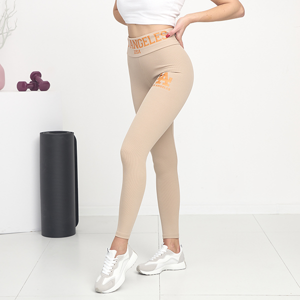Legging femme marron clair côtelé inscriptions orange - Vêtements