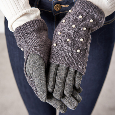 Mitaines femme gris foncé avec perles - Mitaines