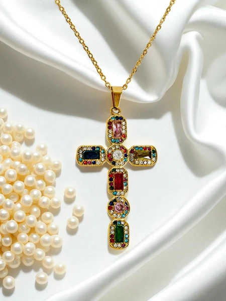 Aurelia Lux Collier Croix Colorée Dorée Glamour avec Pierres