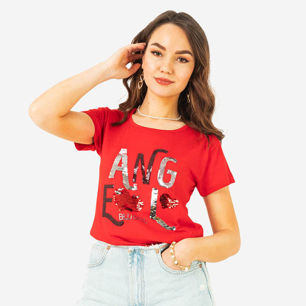 T-shirt femme rouge inscription sequins - Vêtements