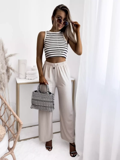 Pantalon large côtelé beige pour femme - Vêtements