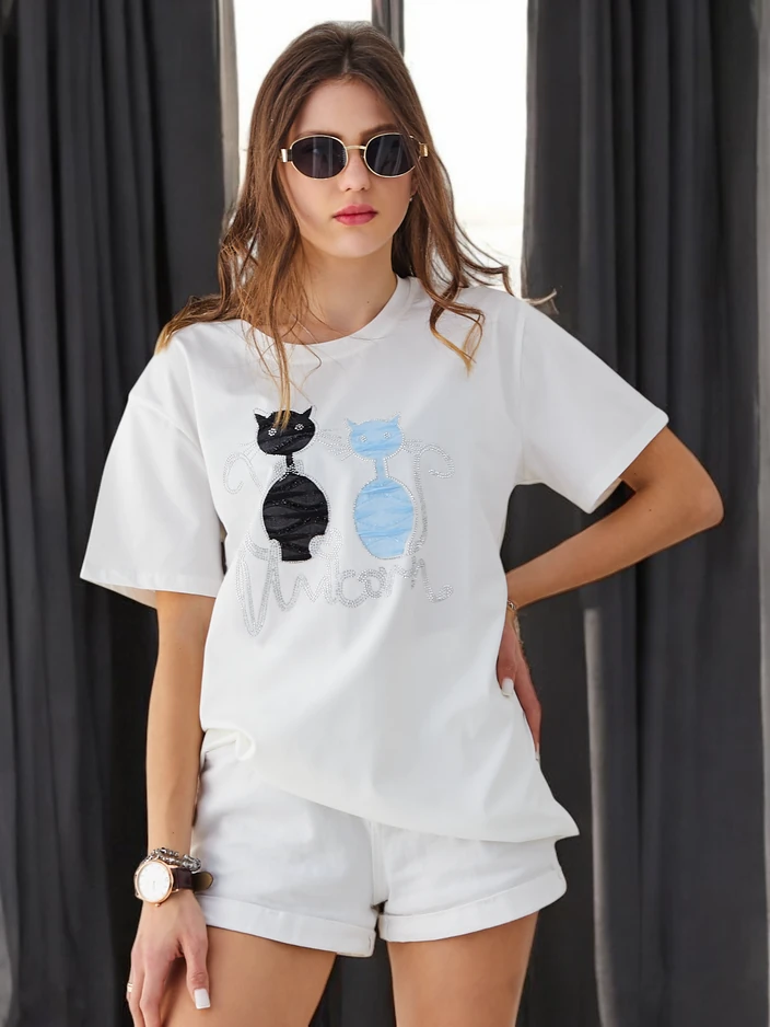T-shirt en coton Royalfashion pour femmes avec des chats