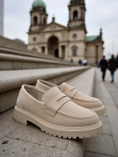 Mocassins pour femmes Callista beiges, cuir écologique, talon plat 4 cm