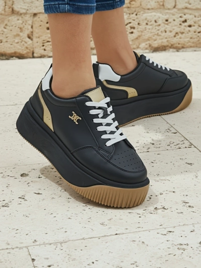 Baskets compensées pour femmes Hypatia Nero en cuir écologique avec plateforme de 5 cm