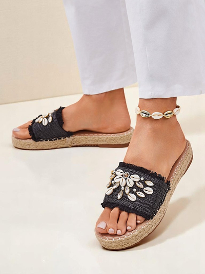 Sandales pour femmes Royalfashion Helena Decor espadrilles noires avec coquillages