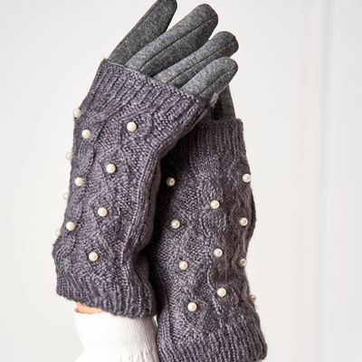Mitaines femme gris foncé avec perles - Mitaines