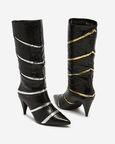 Bottes à talons aiguilles pour femmes noires et dorées avec bandes en relief Felifea- Footwear