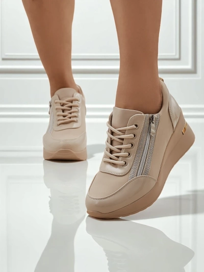 Baskets compensées pour femmes HeraBea beiges en cuir écologique de 6,5 cm avec fermeture éclair