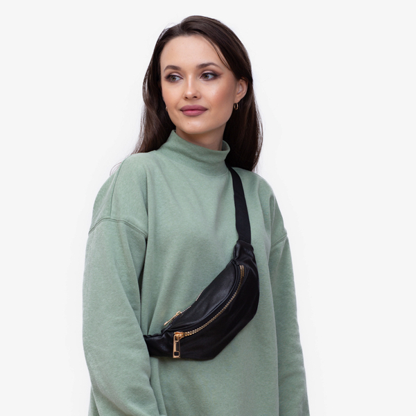 Sac banane femme en brocart noir avec fermeture éclair dorée - Accessoires