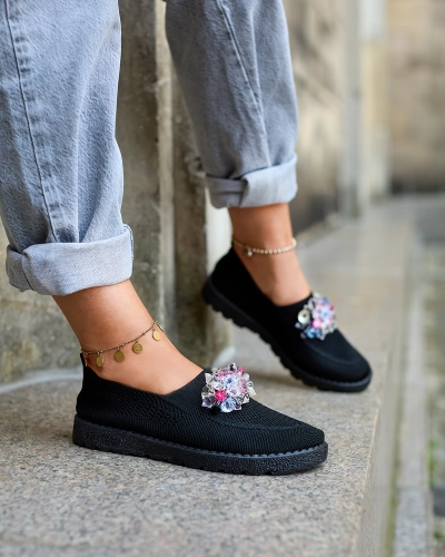 Royalfashion Mocassins en tissu noir pour femme avec cristaux Fezens